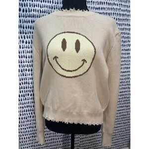 Miss Sparkling Graphic‎ Smiley Face Distressed Hem Sweater Women's Small Beige